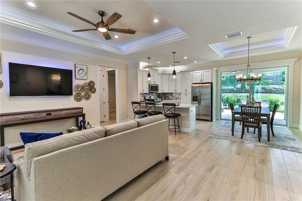 Dining room, Interior, Kitchen, Living room, Pendant Lights, Recessed Lighting, Stainless Steel Appliances, Wood Texture Flooring