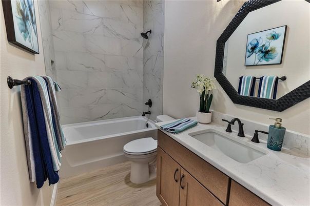 Bathroom, Interior, Marble Walls, Wood Texture Flooring