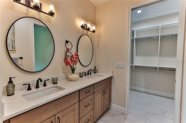Bathroom, Dual Sink Vanities, Interior, Marble, Recessed Lighting