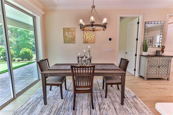 Chandelier, Dining room, Interior, Pendant Lights, Wood Texture Flooring