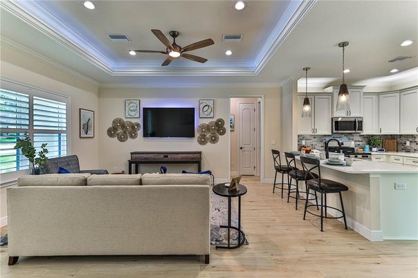 Interior, Kitchen, Living room, Pendant Lights, Recessed Lighting, Wood Texture Flooring