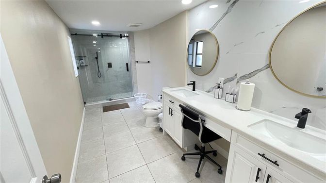 Bathroom, Dual Sink Vanities, Glass Shower, Interior, Recessed Lighting