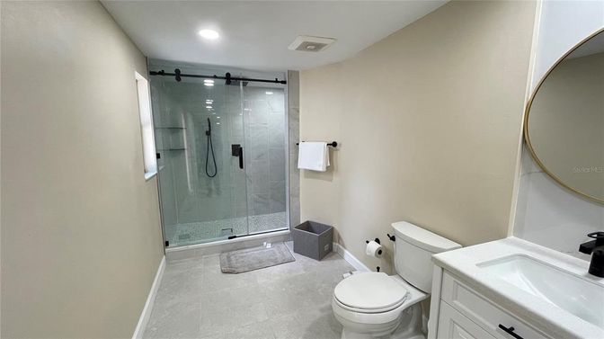 Bathroom, Glass Shower, Interior, Recessed Lighting