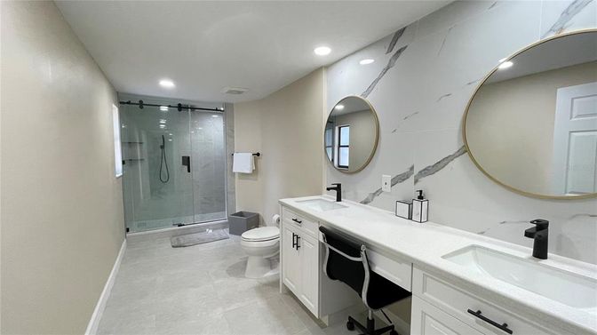 Bathroom, Dual Sink Vanities, Glass Shower, Interior, Recessed Lighting