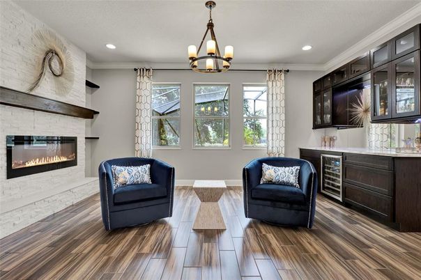 Chandelier, Fireplace, Interior, Recessed Lighting, Wood Texture Flooring
