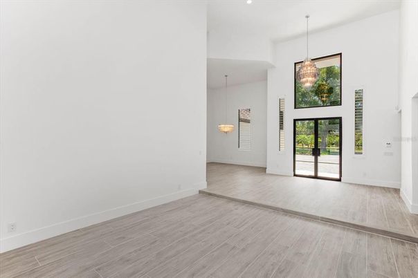 Empty room, Interior, Pendant Lights, Wood Texture Flooring