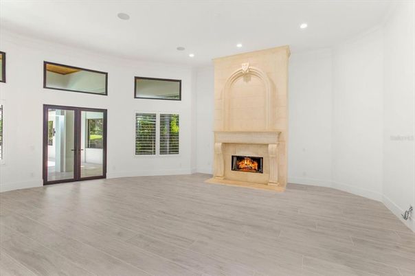Empty room, Fireplace, Interior, Recessed Lighting, Wood Texture Flooring