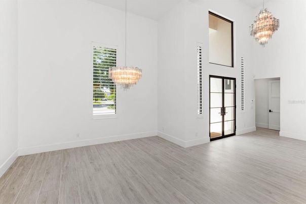 Chandelier, Empty room, Interior, Wood Texture Flooring