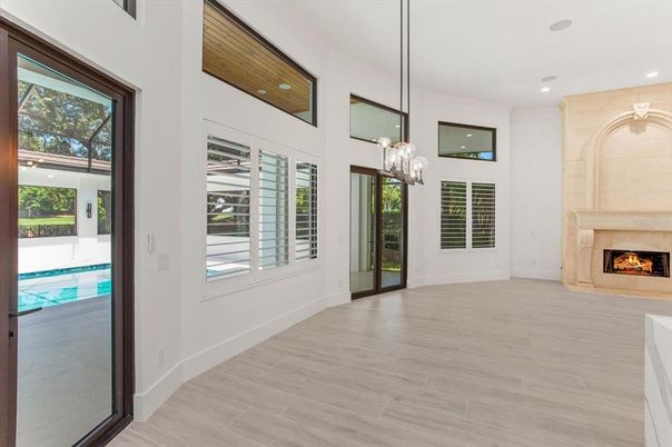 Fireplace, Interior, Pendant Lights, Recessed Lighting, Wood Texture Flooring