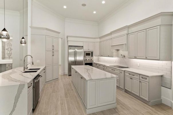 Interior, Kitchen, Pendant Lights, Recessed Lighting, Stainless Steel Appliances, Wood Texture Flooring