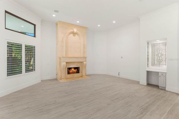 Empty room, Fireplace, Interior, Recessed Lighting, Wood Texture Flooring