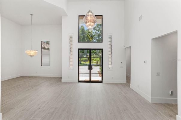 Chandelier, Empty room, Interior, Pendant Lights, Wood Texture Flooring