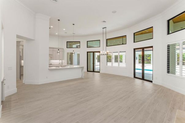 Empty room, Interior, Kitchen, Pendant Lights, Recessed Lighting, Wood Texture Flooring
