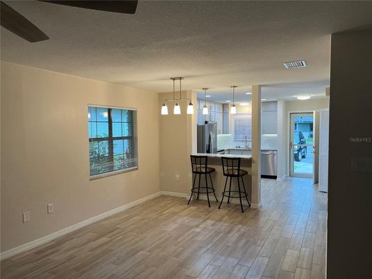 Interior, Kitchen, Pendant Lights, Stainless Steel Appliances, Wood Texture Flooring