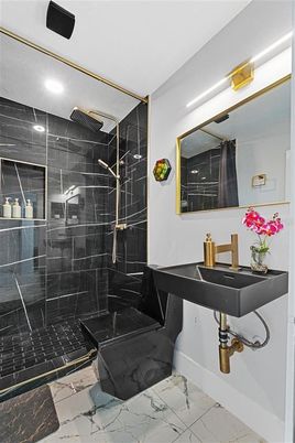 Bathroom, Glass Shower, Interior, Marble, Recessed Lighting