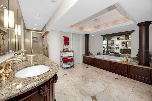 Bathroom, Dual Sink Vanities, Glass Shower, Interior, Marble, Recessed Lighting