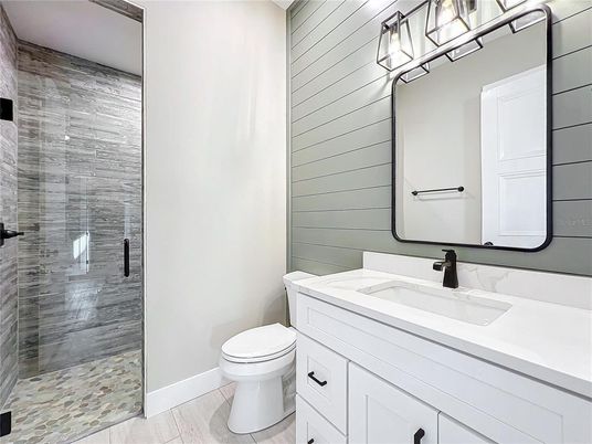 Bathroom, Glass Shower, Interior, Wood Texture Flooring