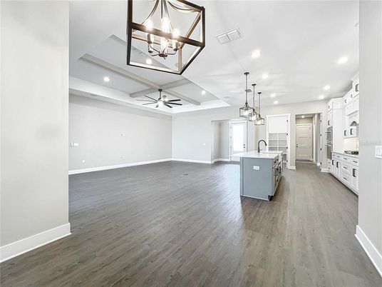 Empty room, Interior, Kitchen, Pendant Lights, Recessed Lighting, Wood Texture Flooring