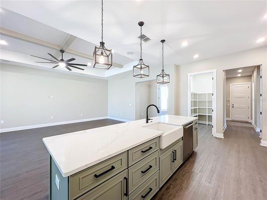 Interior, Kitchen, Pendant Lights, Recessed Lighting, Wood Texture Flooring
