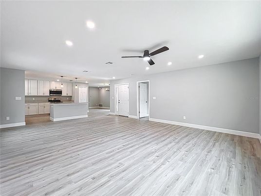 Empty room, Interior, Kitchen, Pendant Lights, Recessed Lighting, Wood Texture Flooring