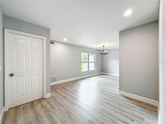 Chandelier, Empty room, Interior, Recessed Lighting, Wood Texture Flooring