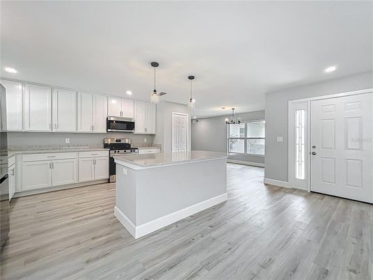 Interior, Kitchen, Pendant Lights, Recessed Lighting, Wood Texture Flooring