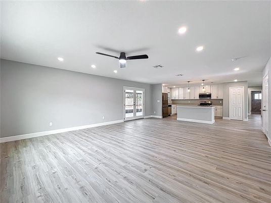 Empty room, Interior, Kitchen, Pendant Lights, Recessed Lighting, Wood Texture Flooring
