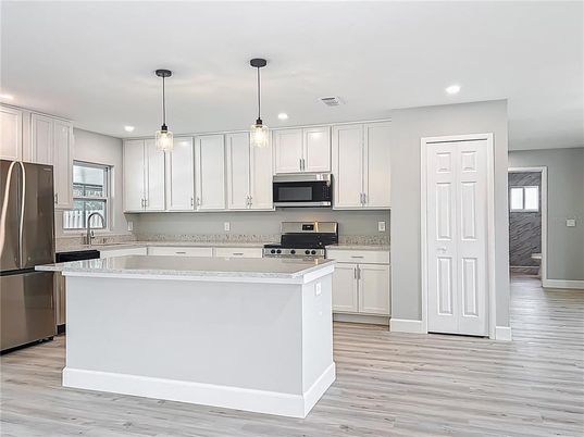 Interior, Kitchen, Pendant Lights, Recessed Lighting, Stainless Steel Appliances, Wood Texture Flooring
