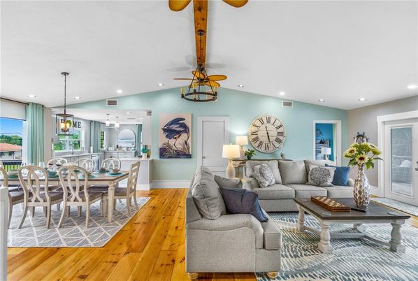 Dining room, Interior, Living room, Pendant Lights, Recessed Lighting, Wood Texture Flooring