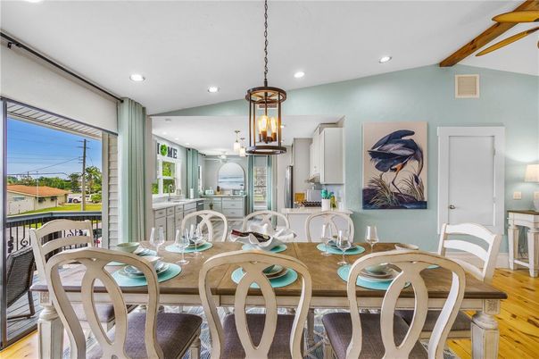 Dining room, Interior, Pendant Lights, Recessed Lighting, Wooden Beams, Wood Texture Flooring