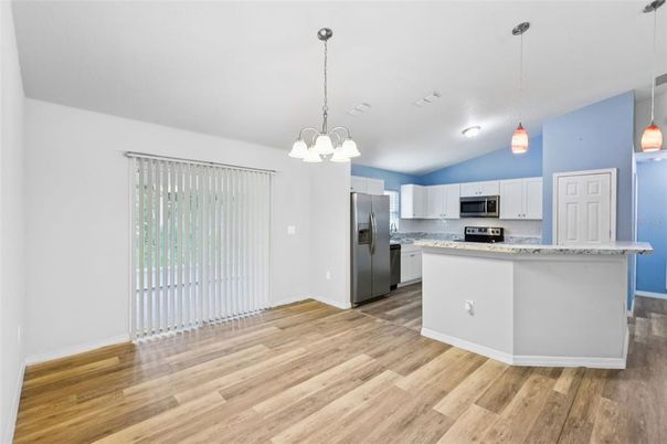 Interior, Kitchen, Pendant Lights, Stainless Steel Appliances, Wood Texture Flooring