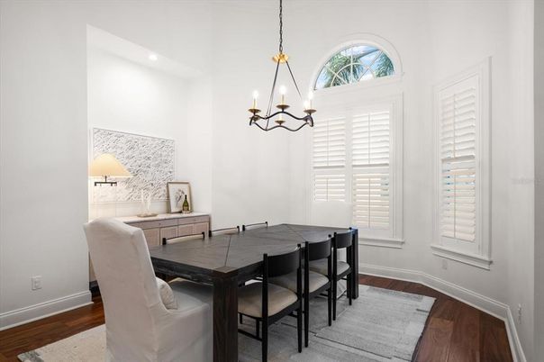Chandelier, Dining room, Interior, Pendant Lights, Recessed Lighting, Wood Texture Flooring