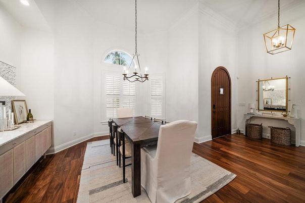 Chandelier, Dining room, Interior, Pendant Lights, Wood Texture Flooring