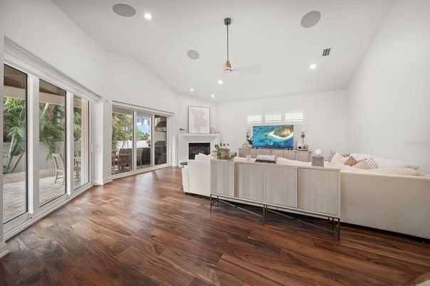 Fireplace, Interior, Living room, Pendant Lights, Recessed Lighting, Wood Texture Flooring