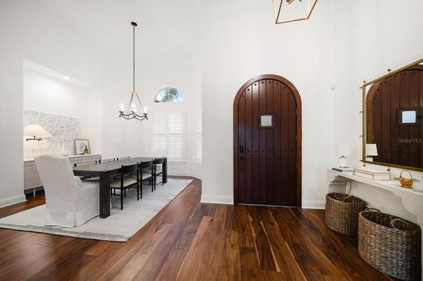 Chandelier, Dining room, Interior, Pendant Lights, Wood Texture Flooring