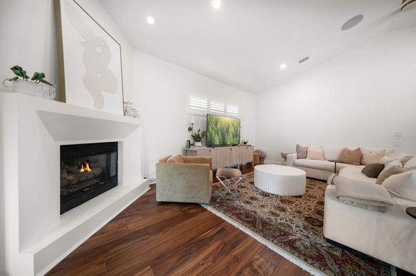 Fireplace, Interior, Living room, Recessed Lighting, Wood Texture Flooring