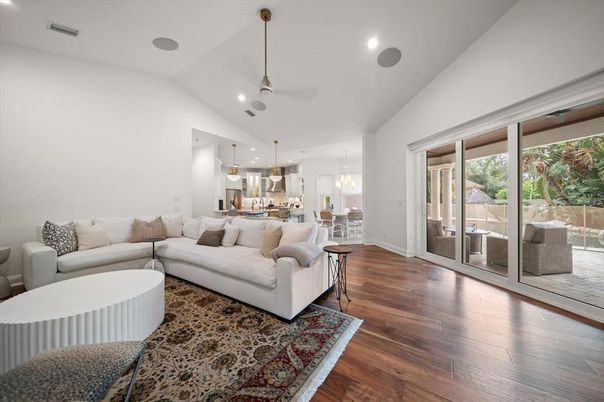 Interior, Kitchen, Living room, Pendant Lights, Recessed Lighting, Wood Texture Flooring