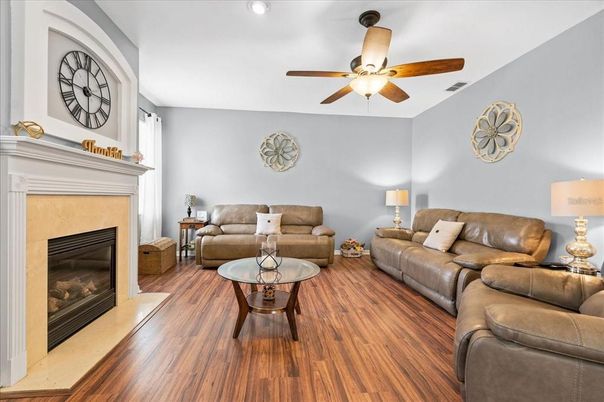 Fireplace, Interior, Living room, Recessed Lighting, Wood Texture Flooring