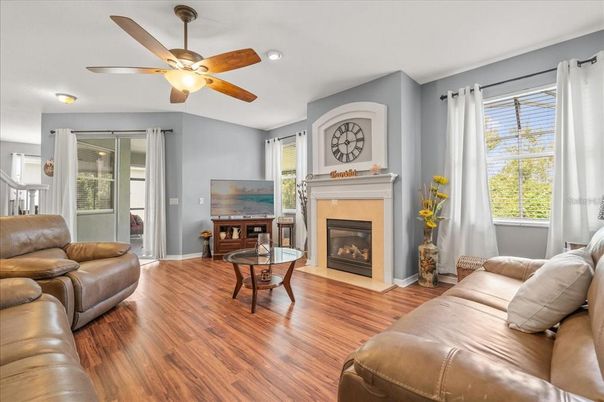 Fireplace, Interior, Living room, Recessed Lighting, Wood Texture Flooring