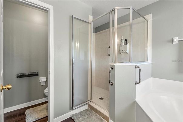 Bathroom, Glass Shower, Interior, Wood Texture Flooring
