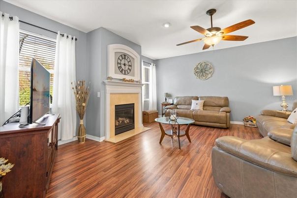 Fireplace, Interior, Living room, Recessed Lighting, Wood Texture Flooring