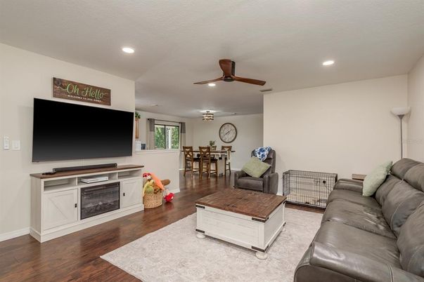 Dining room, Interior, Living room, Recessed Lighting, Wood Texture Flooring