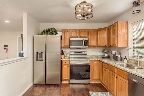 Interior, Kitchen, Recessed Lighting, Stainless Steel Appliances, Wood Texture Flooring