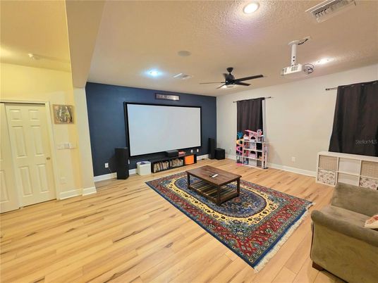Interior, Projection Screen, Recessed Lighting, Wood Texture Flooring