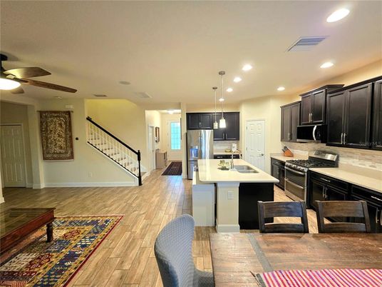 Interior, Kitchen, Pendant Lights, Recessed Lighting, Wood Texture Flooring