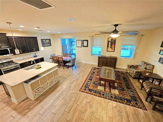 Dining room, Interior, Kitchen, Pendant Lights, Recessed Lighting, Wood Texture Flooring