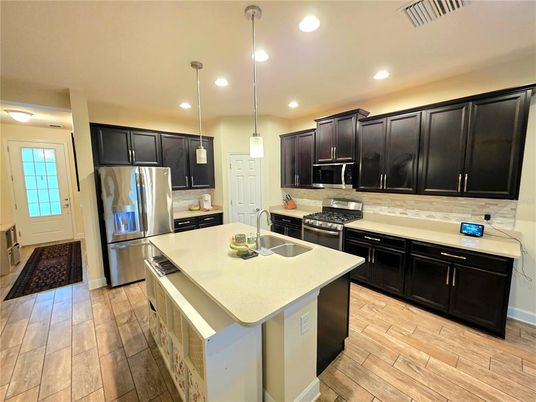Interior, Kitchen, Pendant Lights, Recessed Lighting, Stainless Steel Appliances, Wood Texture Flooring