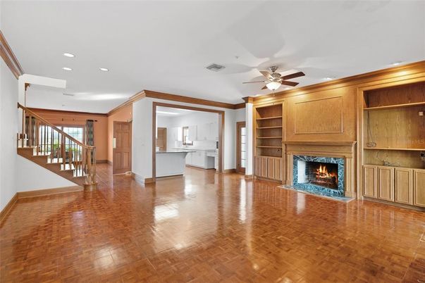 Empty room, Fireplace, Interior, Recessed Lighting, Wood Texture Flooring, Wooden Walls