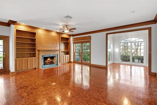 Empty room, Fireplace, Interior, Recessed Lighting, Wood Texture Flooring, Wooden Walls