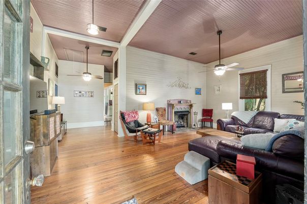 Fireplace, Interior, Living room, Pendant Lights, Wood Texture Flooring